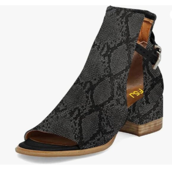 FSJ Black Snakeskin Peep Open Toe Sandals Boot Cut Out Buckle Ankle Bootie - Picture 1 of 8